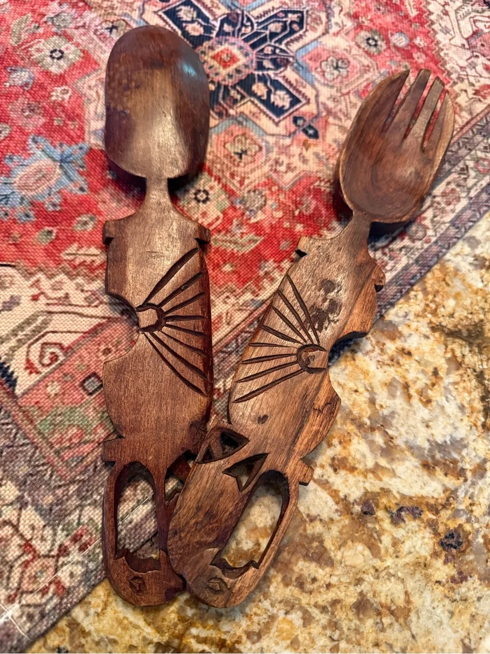 Wooden Salad Spoon Fork Set Utensil Hand Carved 12 Inch